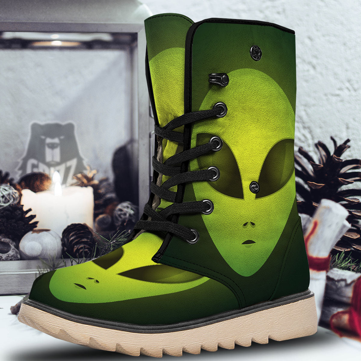 Alien Face Green Print Snow Boots-grizzshop