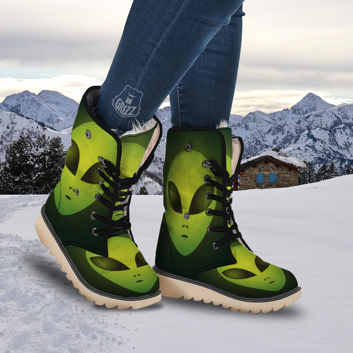 Alien Face Green Print Snow Boots-grizzshop