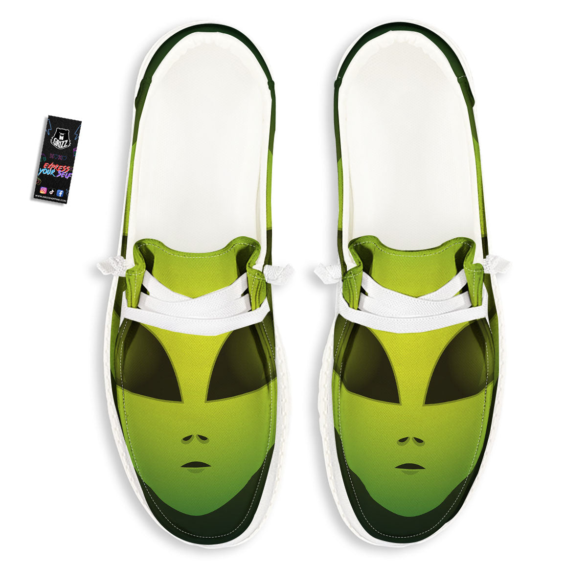 Alien Face Green Print White Loafers-grizzshop