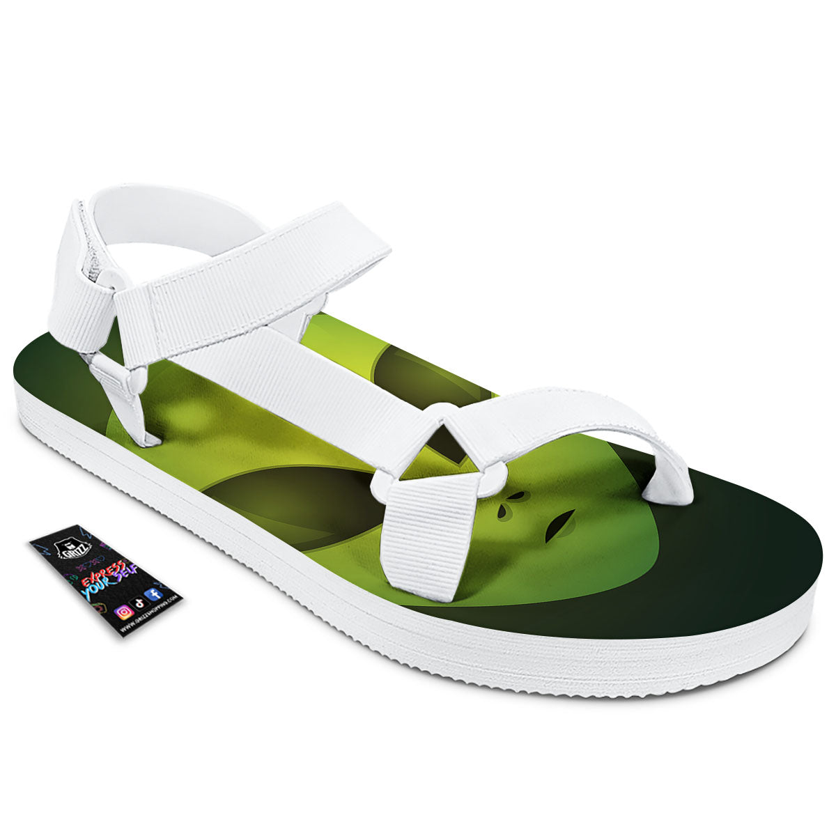 Alien Face Green Print White Open Toe Sandals-grizzshop