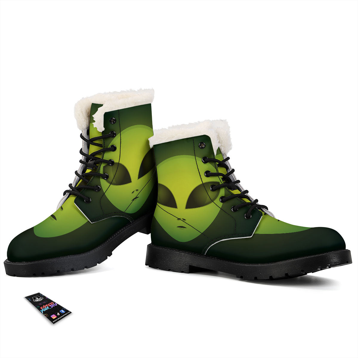 Alien Face Green Print Winter Boots-grizzshop