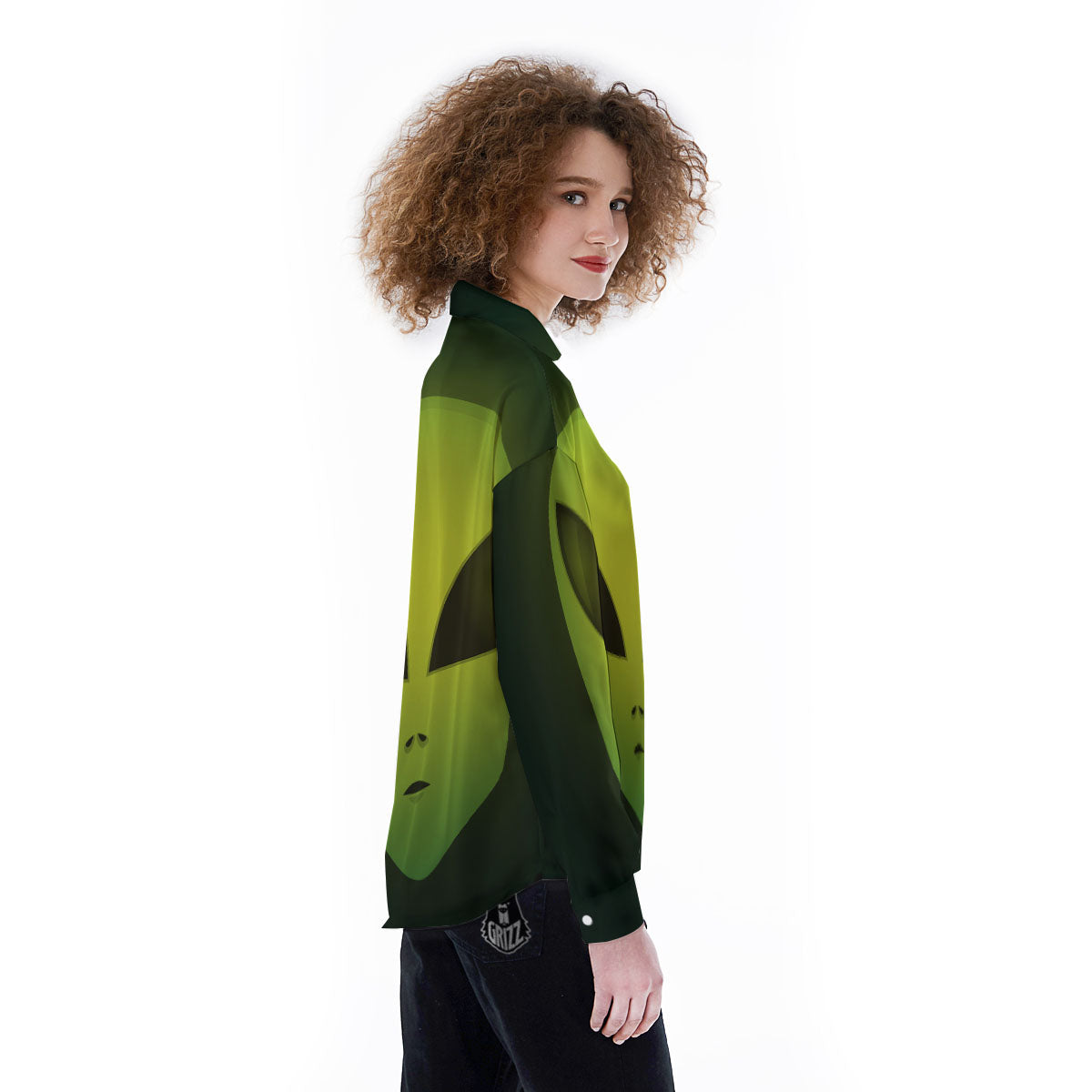 Alien Face Green Print Women's Long Sleeve Shirts-grizzshop