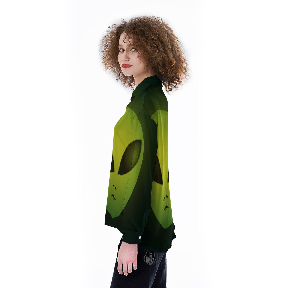 Alien Face Green Print Women's Long Sleeve Shirts-grizzshop