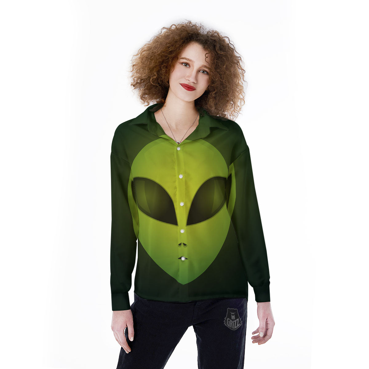 Alien Face Green Print Women's Long Sleeve Shirts-grizzshop