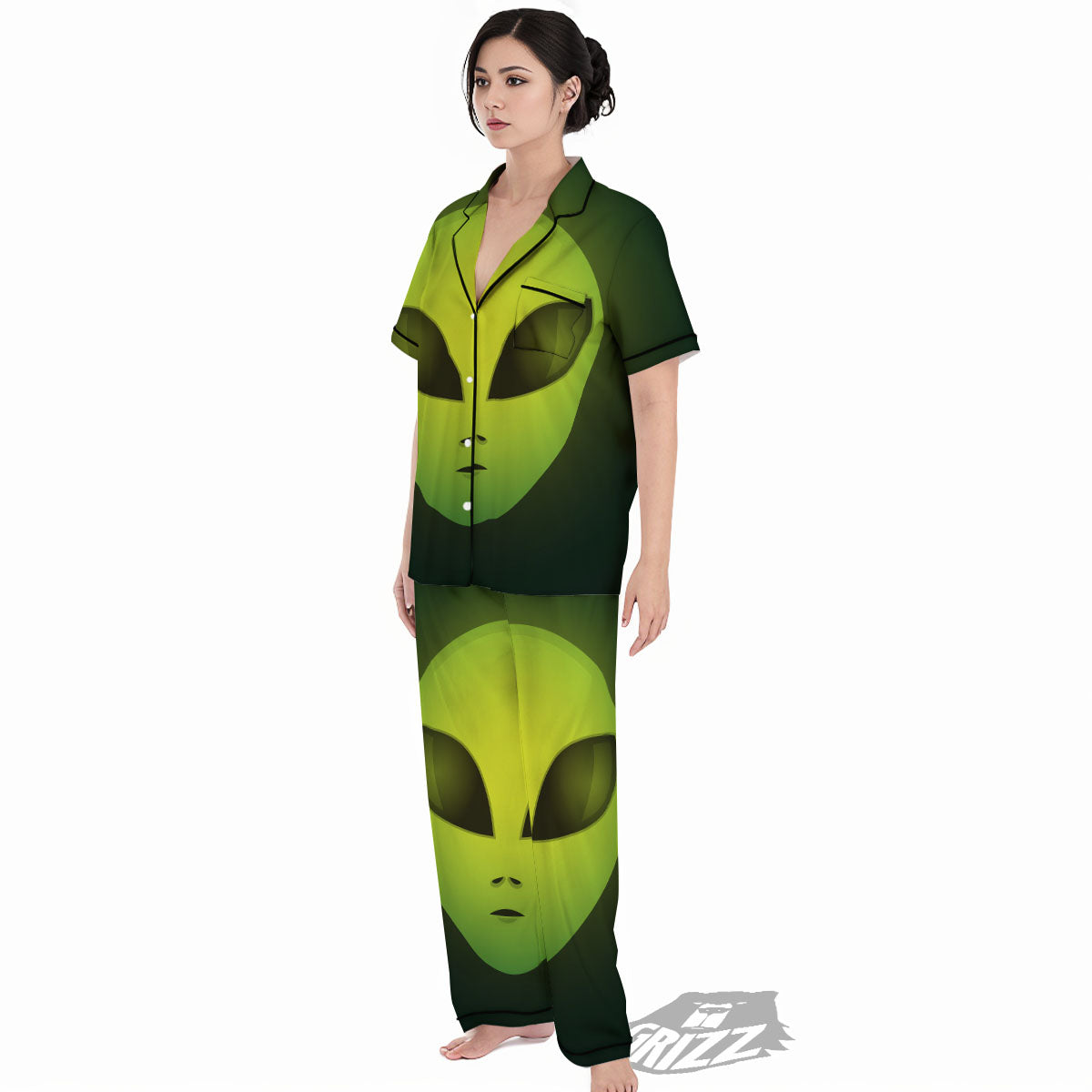Alien Face Green Print Women's Pajamas Set-grizzshop