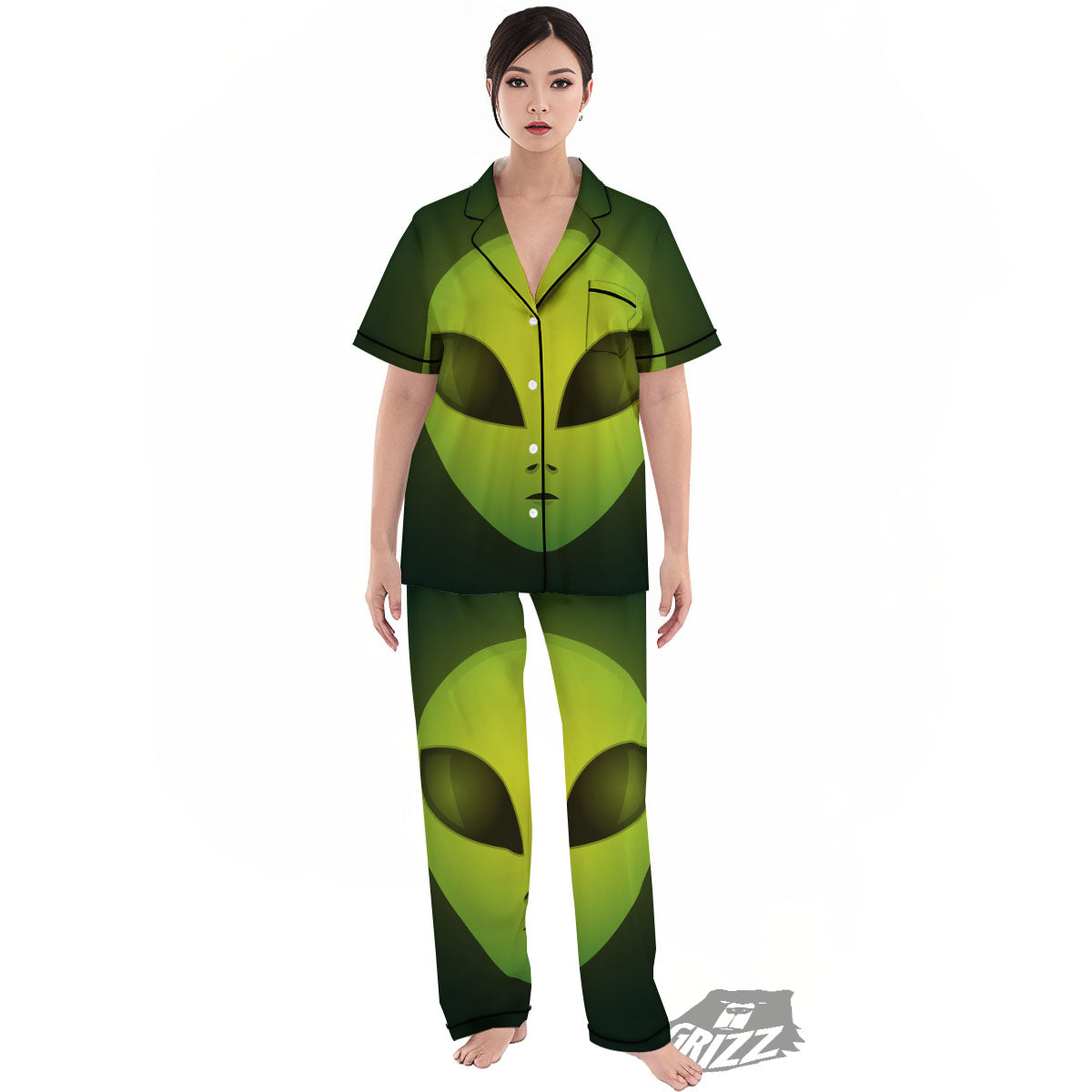 Alien Face Green Print Women's Pajamas Set-grizzshop