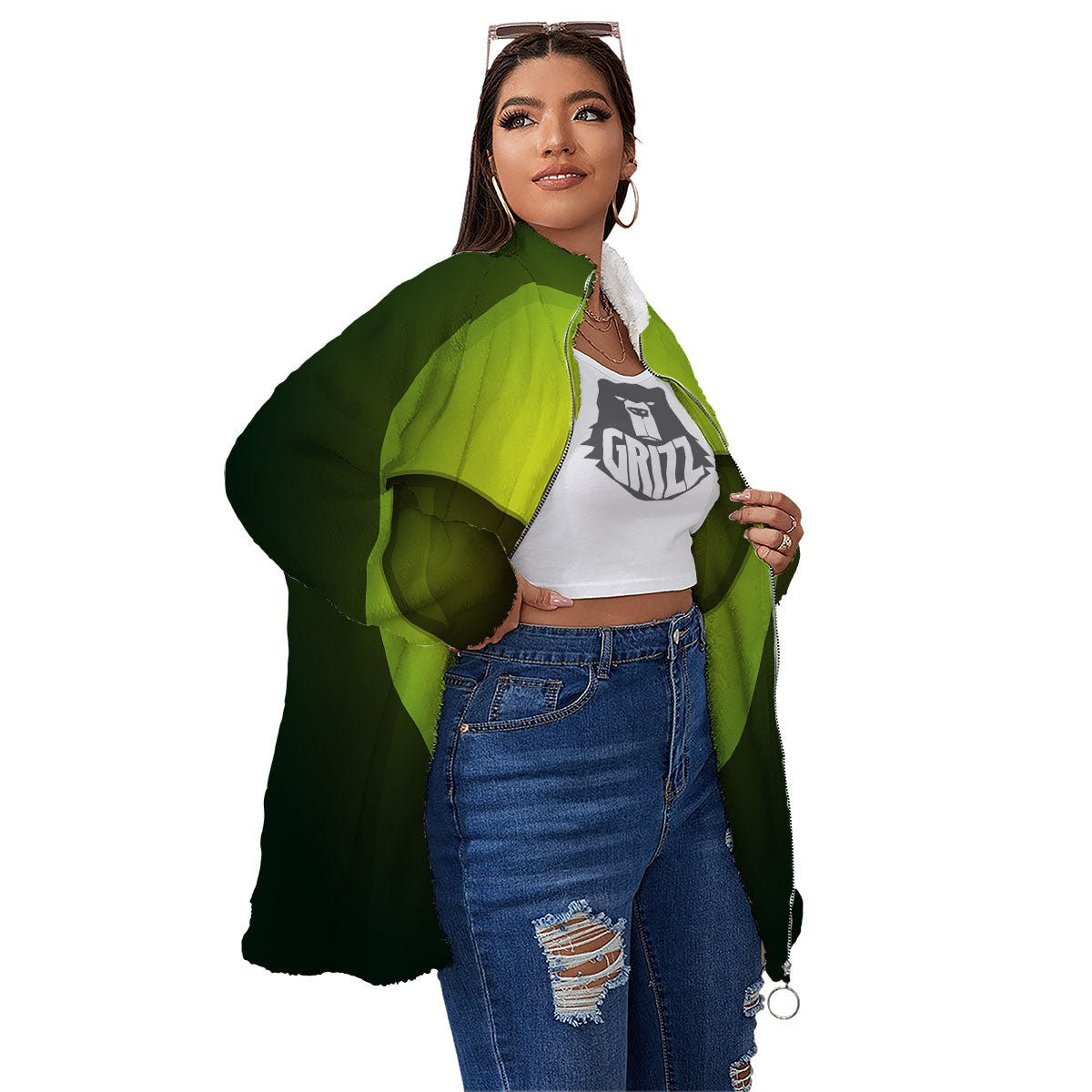 Alien Face Green Print Women's Sherpa Jacket-grizzshop