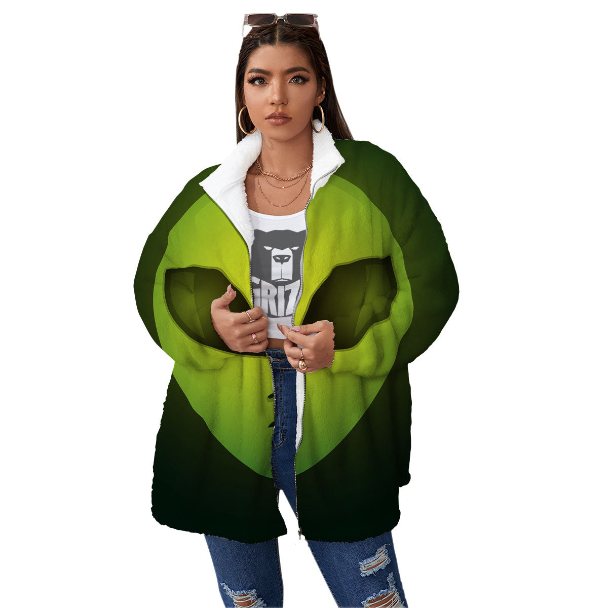 Alien Face Green Print Women's Sherpa Jacket-grizzshop