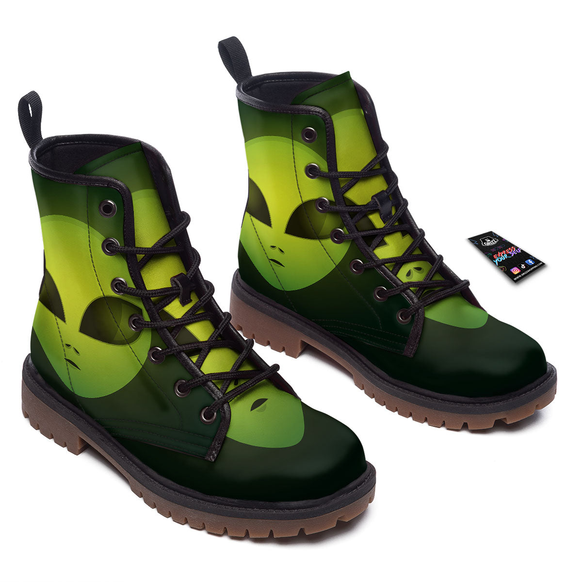 Alien Face Green Print Work Boots-grizzshop