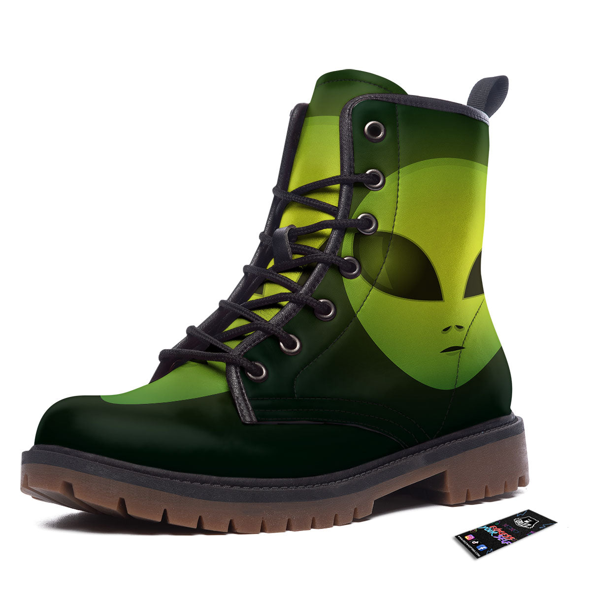 Alien Face Green Print Work Boots-grizzshop