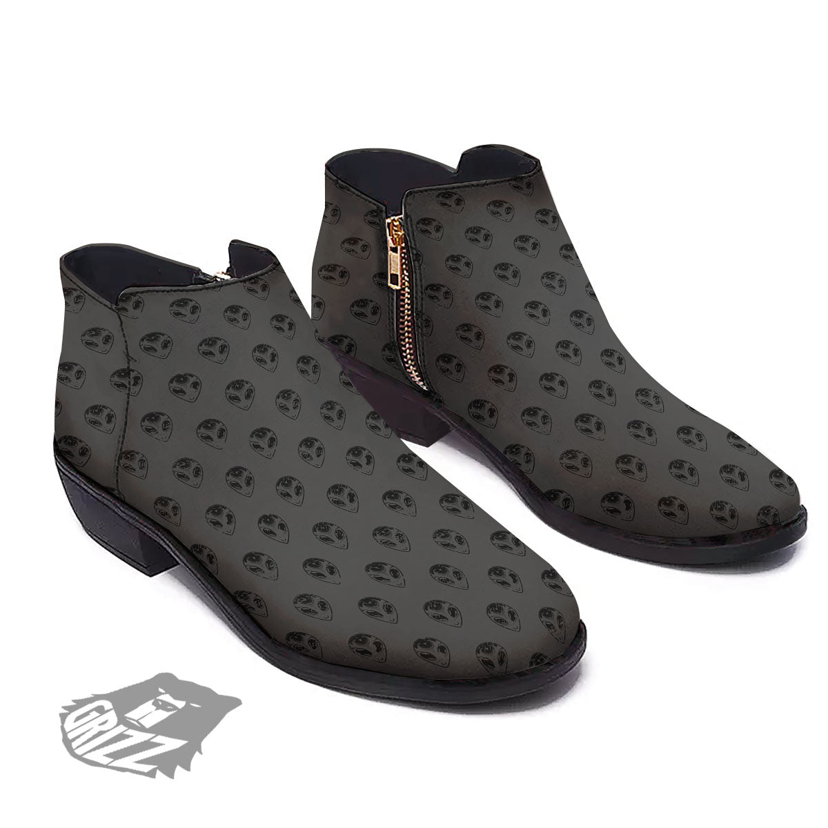 Alien Face Grey Print Pattern Ankle Boots-grizzshop