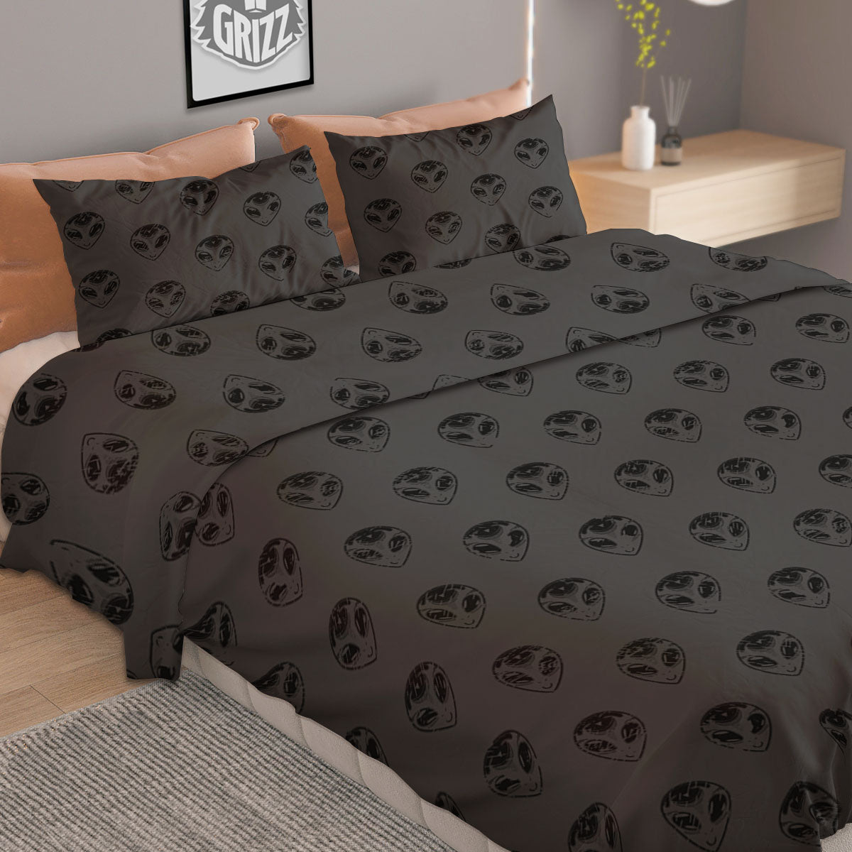 Alien Face Grey Print Pattern Duvet Cover Bedding Set