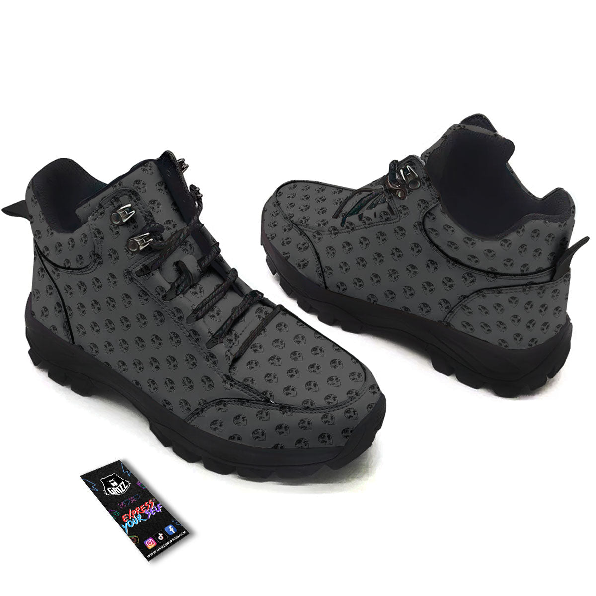 Alien Face Grey Print Pattern Hiking Shoes-grizzshop