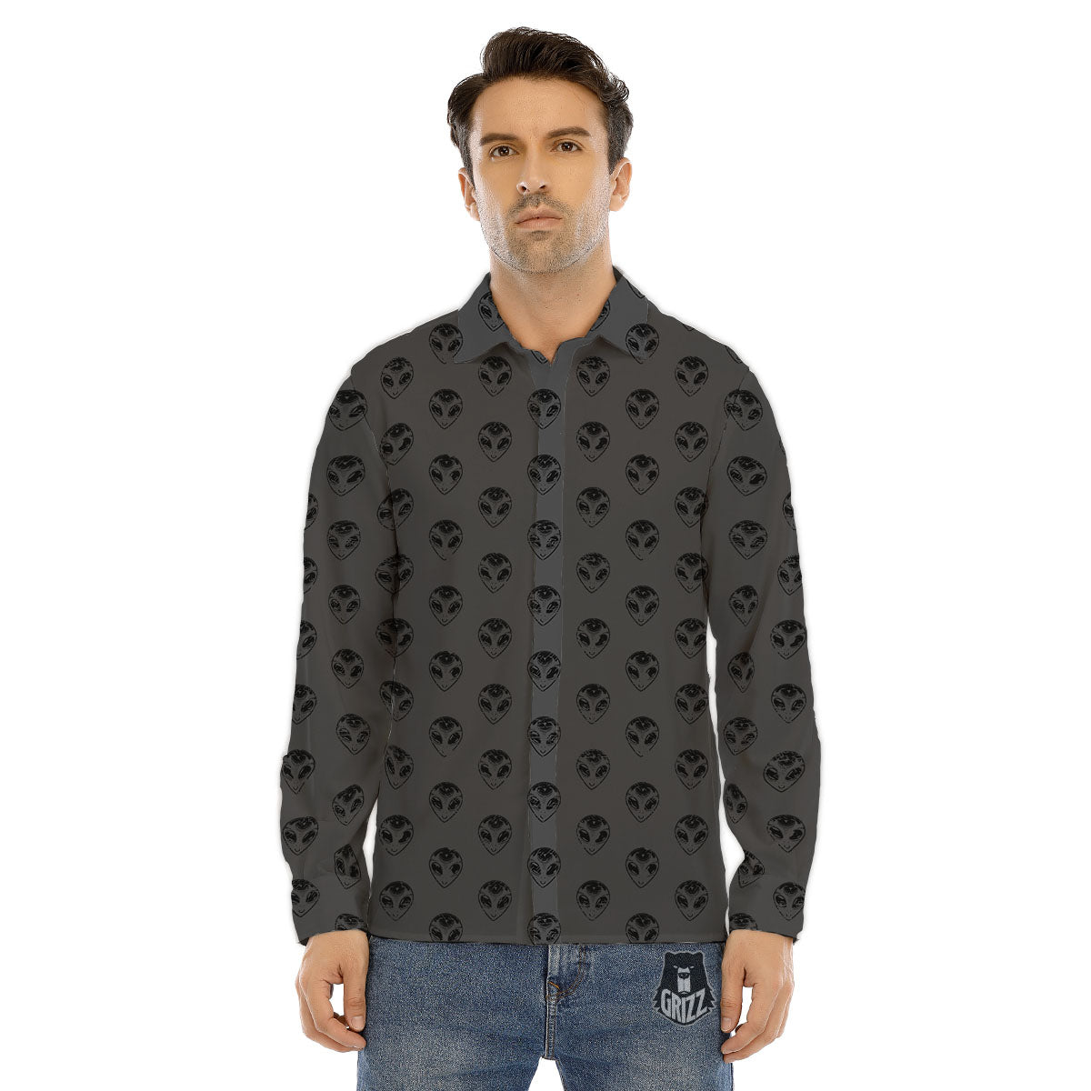 Alien Face Grey Print Pattern Men's Dress Shirts-grizzshop