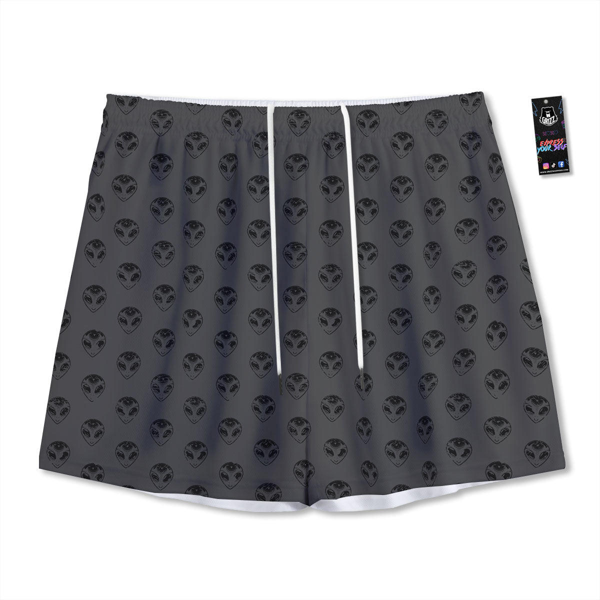Alien Face Grey Print Pattern Mesh Shorts