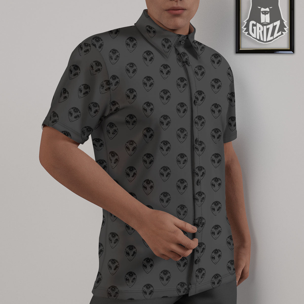 Alien Face Grey Print Pattern Untucked Shirts-grizzshop