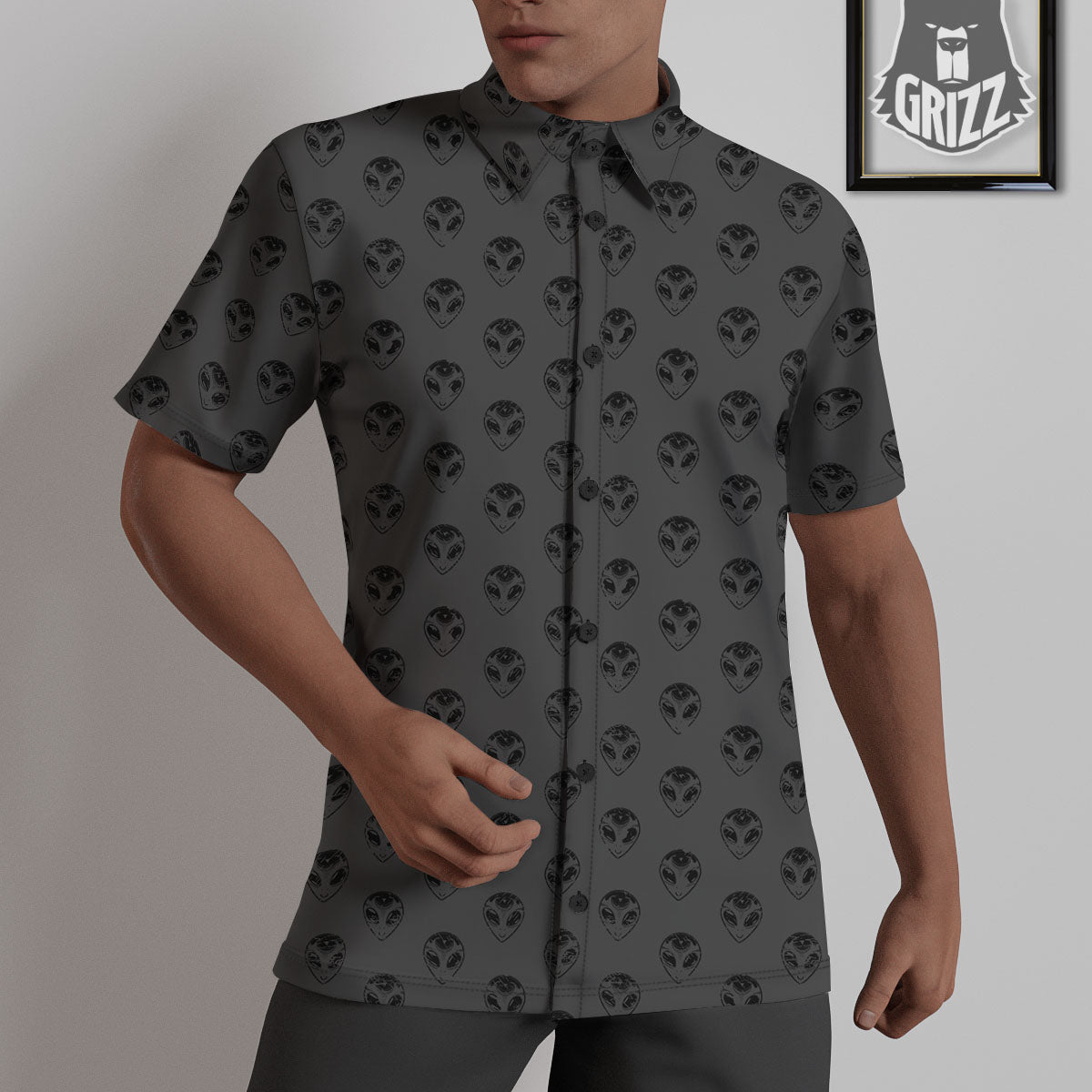 Alien Face Grey Print Pattern Untucked Shirts-grizzshop
