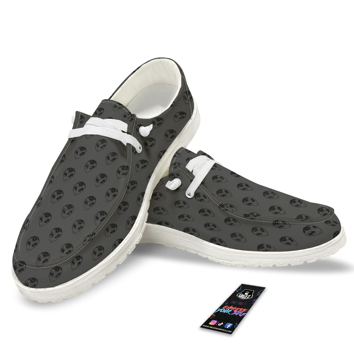 Alien Face Grey Print Pattern White Loafers-grizzshop