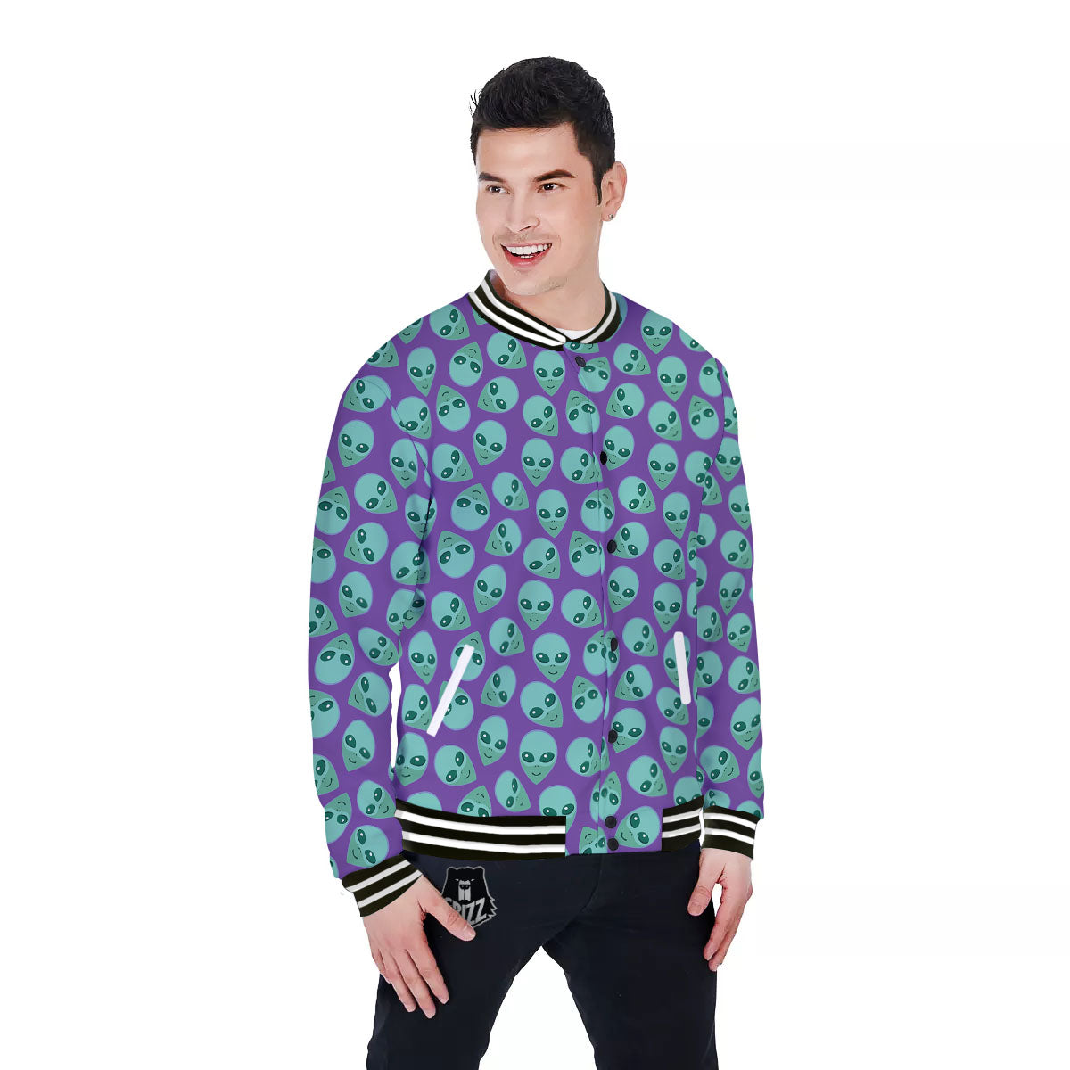 Alien Face Purple Print Pattern Baseball Jacket-grizzshop