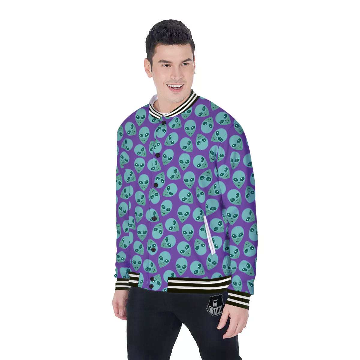 Alien Face Purple Print Pattern Baseball Jacket-grizzshop