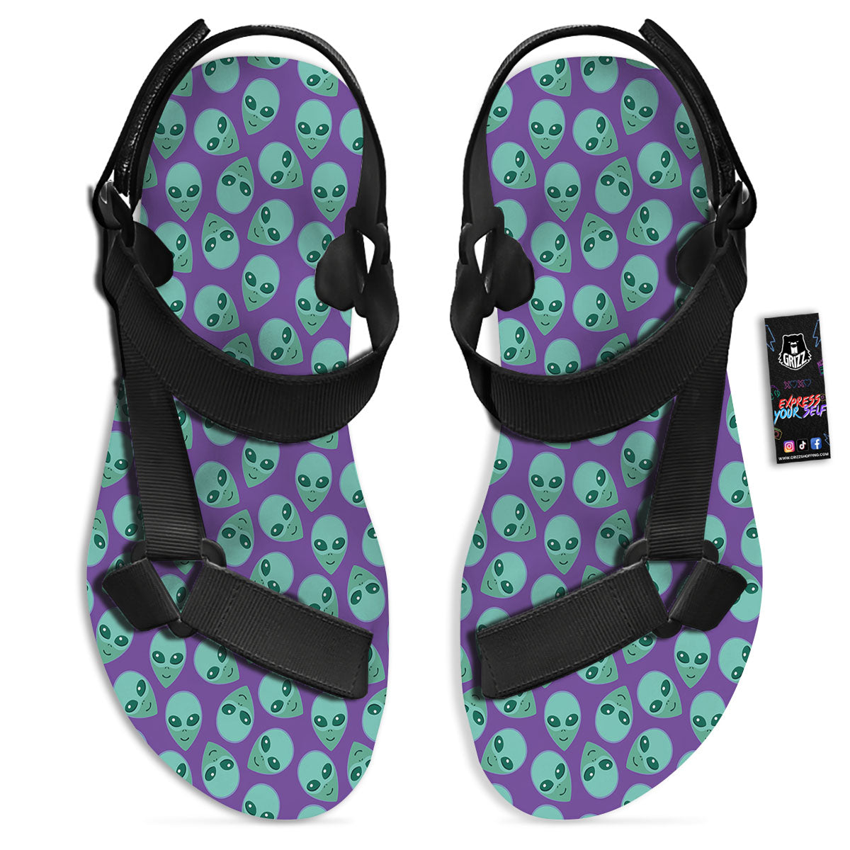 Alien Face Purple Print Pattern Black Open Toe Sandals-grizzshop