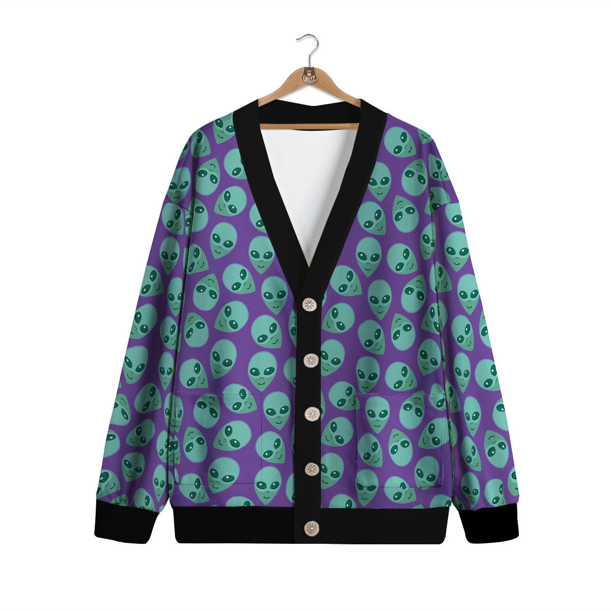 Alien Face Purple Print Pattern Cardigan-grizzshop