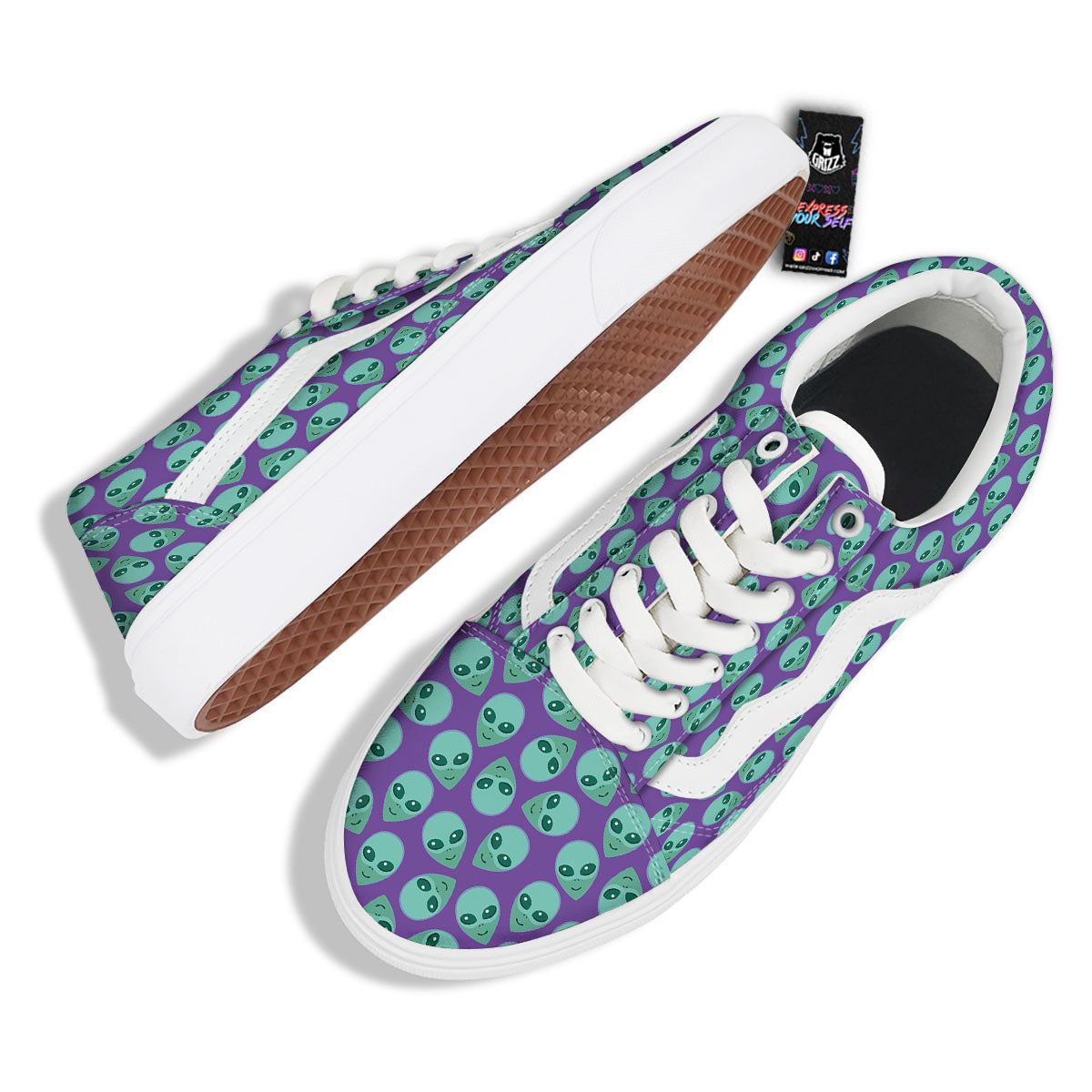 Alien Face Purple Print Pattern Skate Shoes-grizzshop