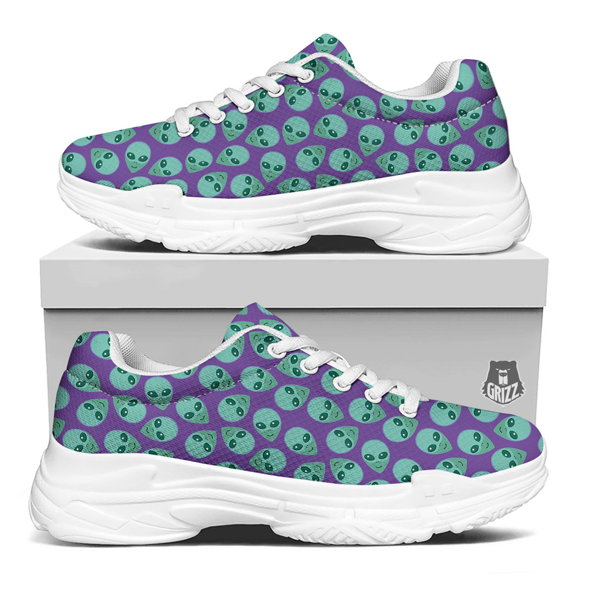 Alien Face Purple Print Pattern White Chunky Shoes-grizzshop