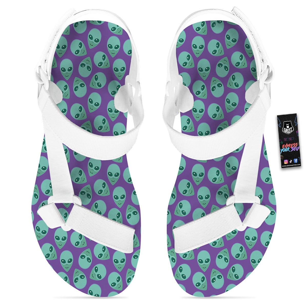 Alien Face Purple Print Pattern White Open Toe Sandals-grizzshop