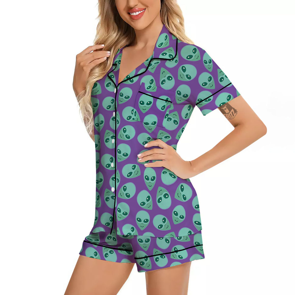 Alien Face Purple Print Pattern Women Silk Pajamas-grizzshop
