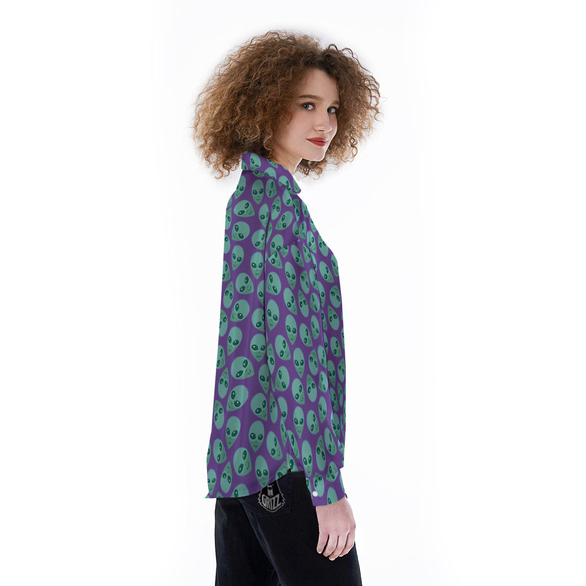 Alien Face Purple Print Pattern Women's Long Sleeve Shirts-grizzshop