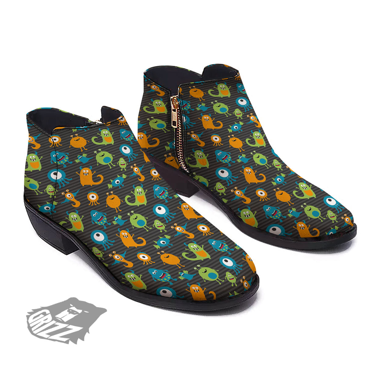 Alien Grey Striped Print Pattern Ankle Boots-grizzshop