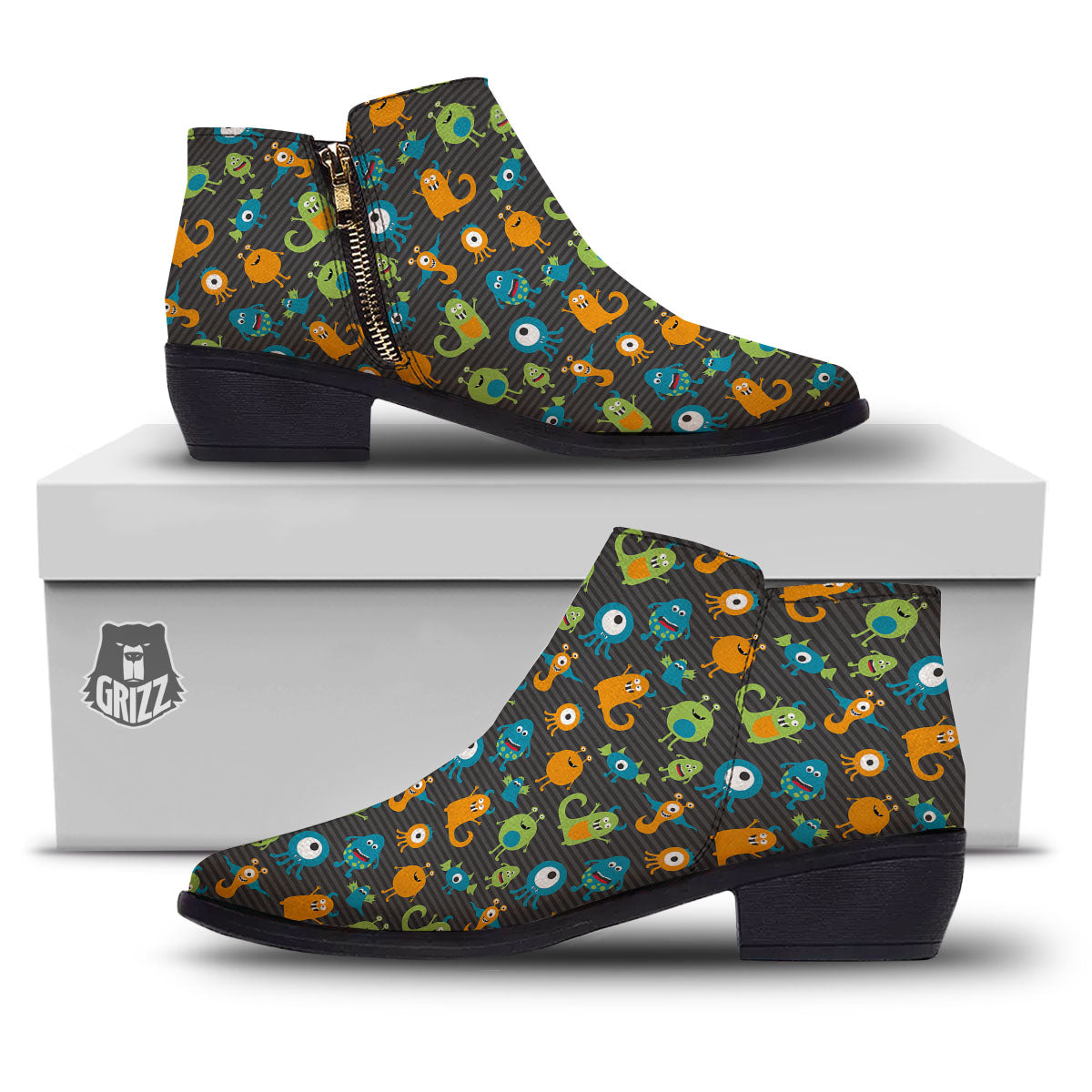 Alien Grey Striped Print Pattern Ankle Boots-grizzshop
