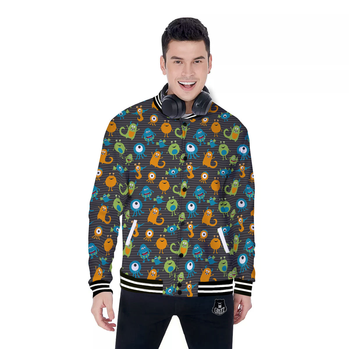 Alien Grey Striped Print Pattern Baseball Jacket-grizzshop