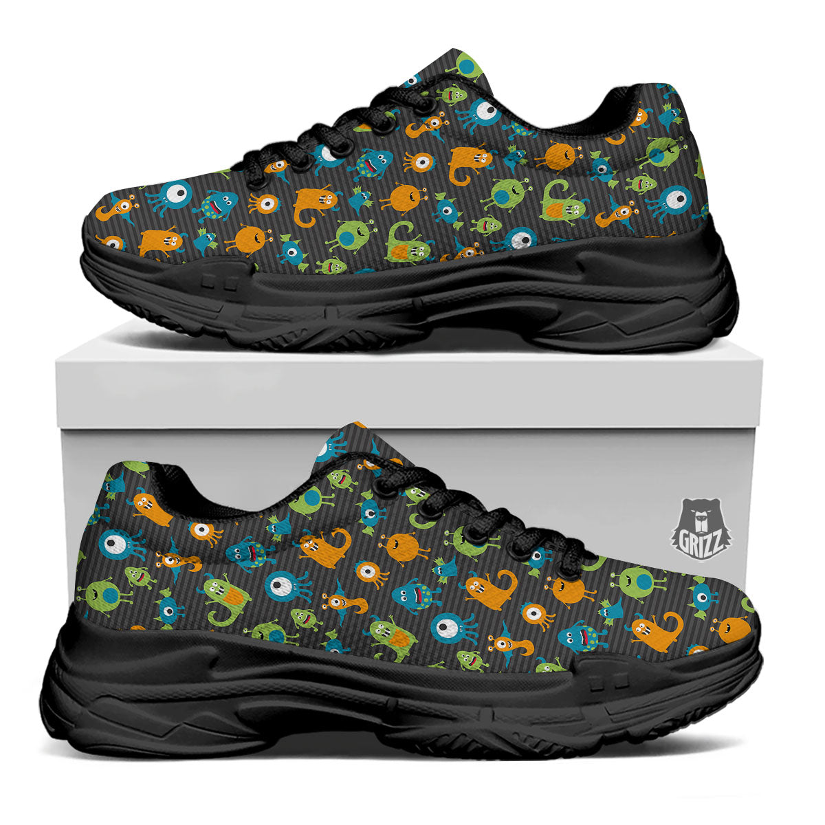 Alien Grey Striped Print Pattern Black Chunky Shoes-grizzshop