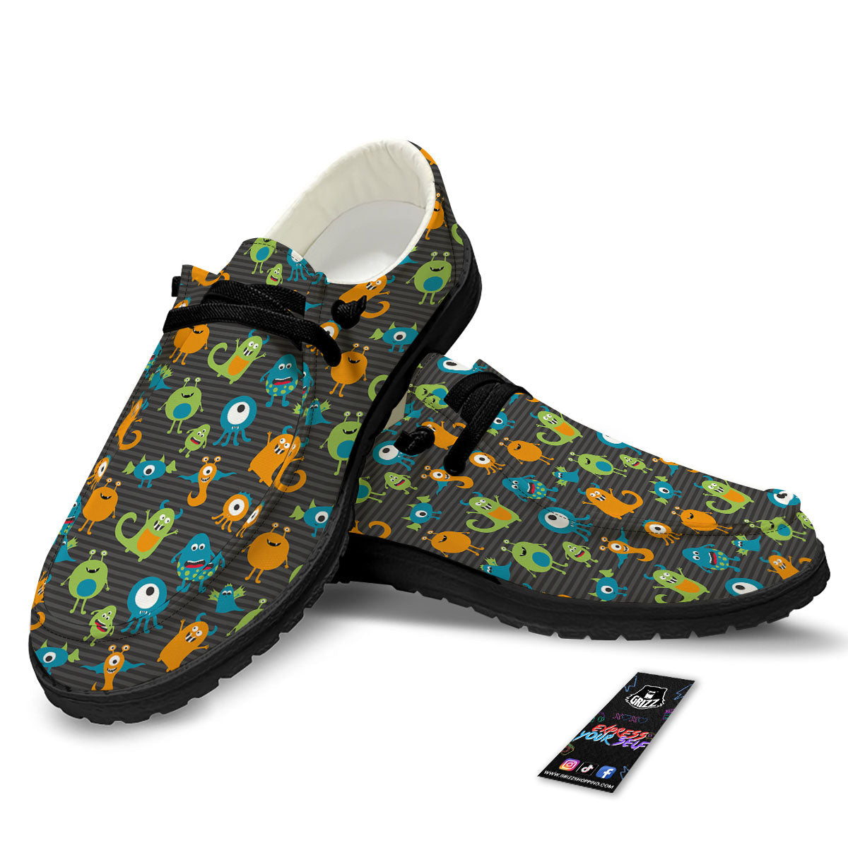 Alien Grey Striped Print Pattern Black Loafers-grizzshop