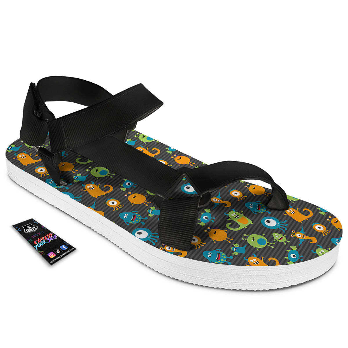Alien Grey Striped Print Pattern Black Open Toe Sandals-grizzshop