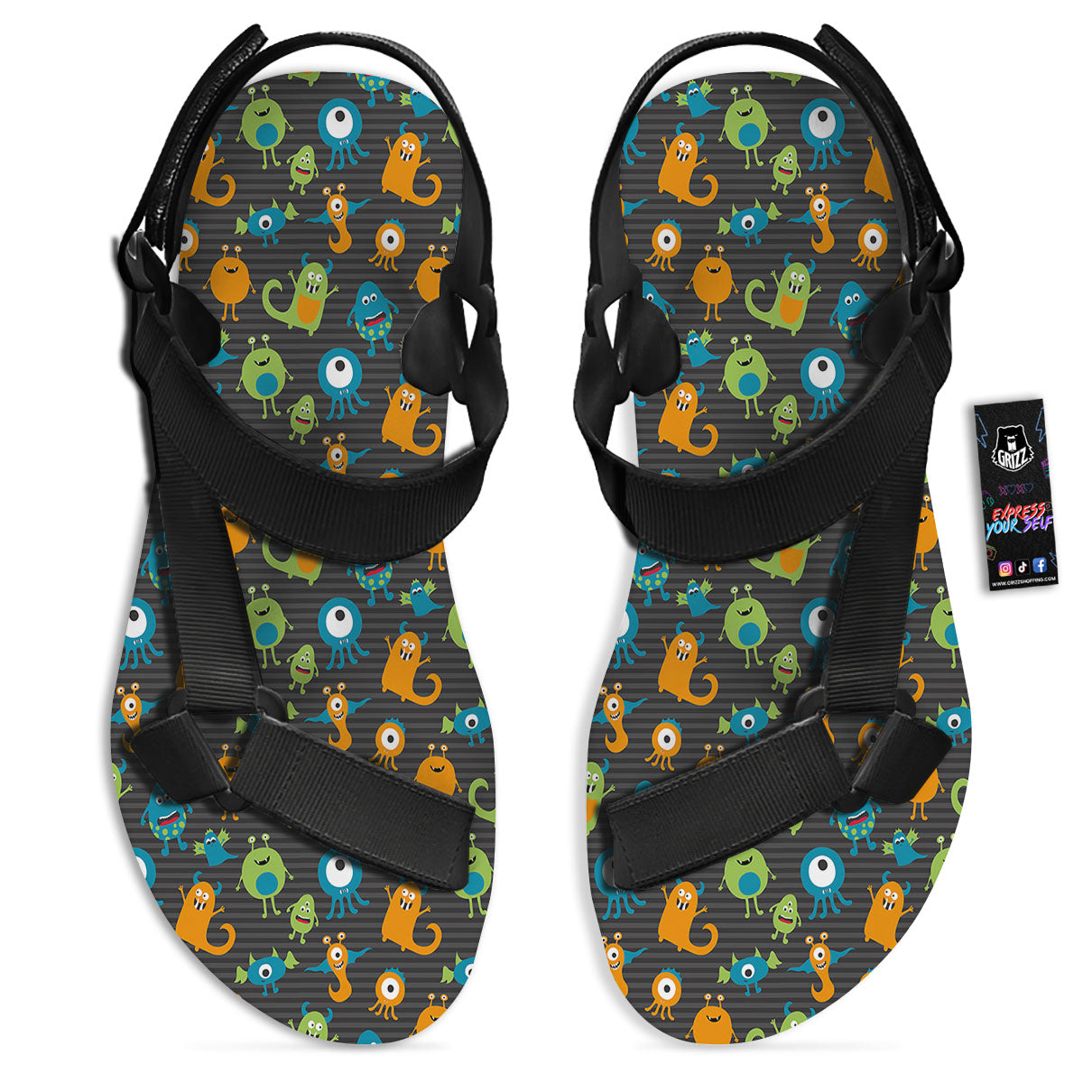Alien Grey Striped Print Pattern Black Open Toe Sandals-grizzshop