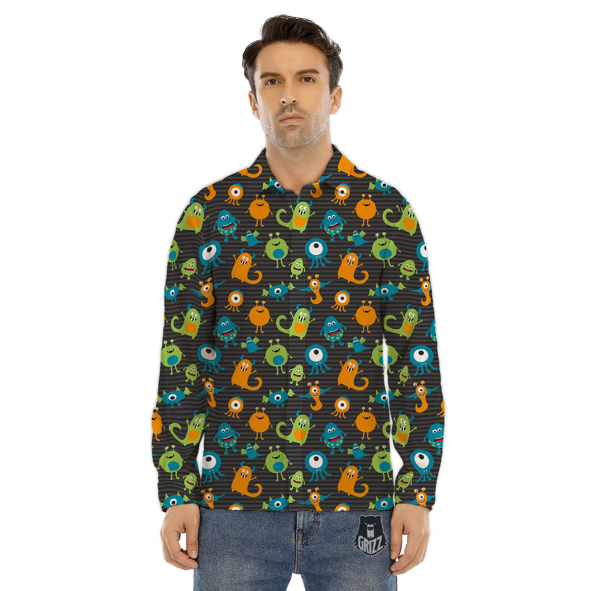 Alien Grey Striped Print Pattern Men's Dress Shirts-grizzshop