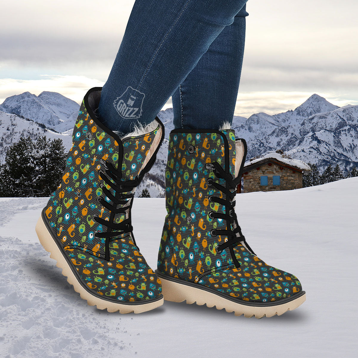 Alien Grey Striped Print Pattern Snow Boots-grizzshop