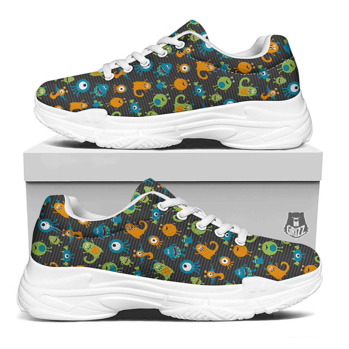Alien Grey Striped Print Pattern White Chunky Shoes-grizzshop