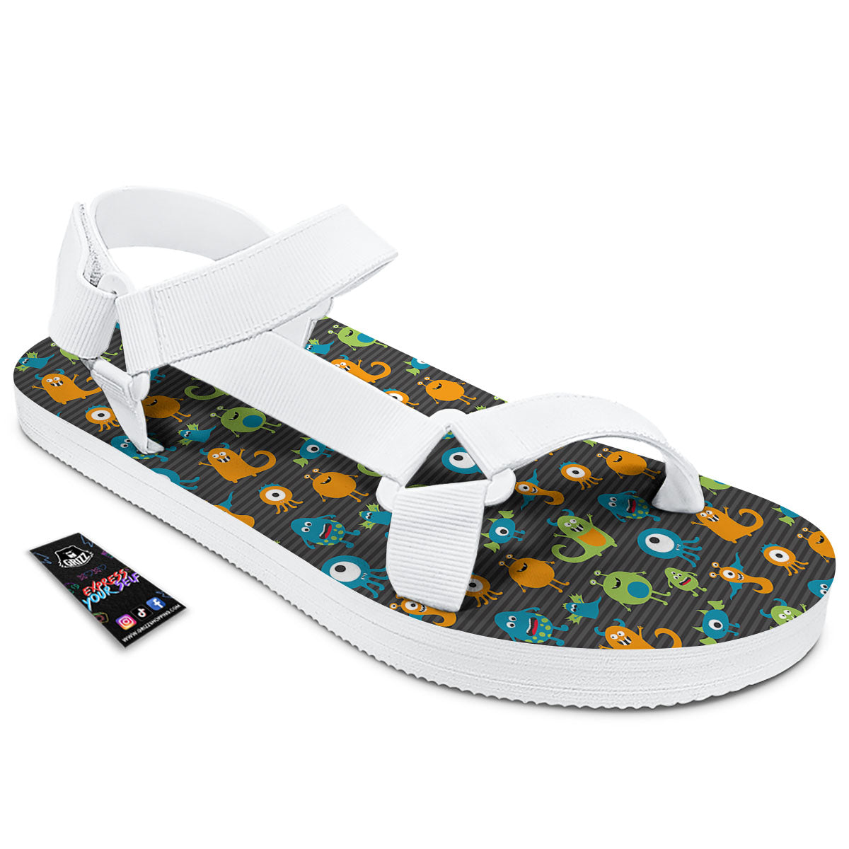 Alien Grey Striped Print Pattern White Open Toe Sandals-grizzshop