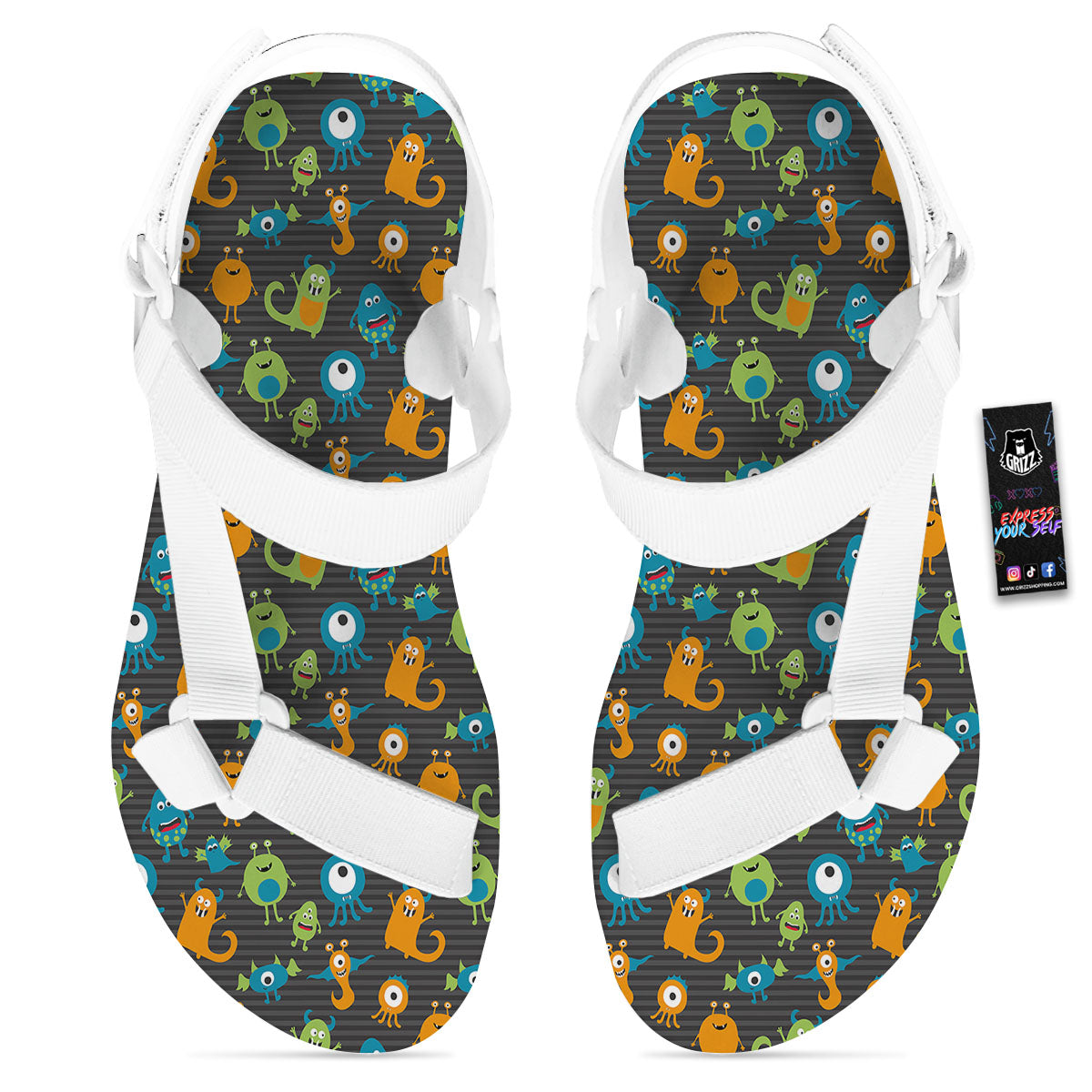 Alien Grey Striped Print Pattern White Open Toe Sandals-grizzshop