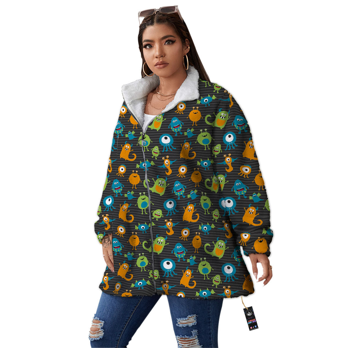 Alien Grey Striped Print Pattern Women's Sherpa Jacket-grizzshop