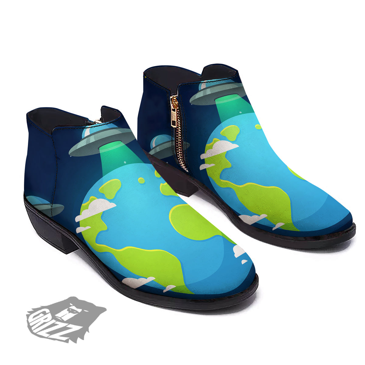 Alien Invasion And Earth Print Ankle Boots-grizzshop