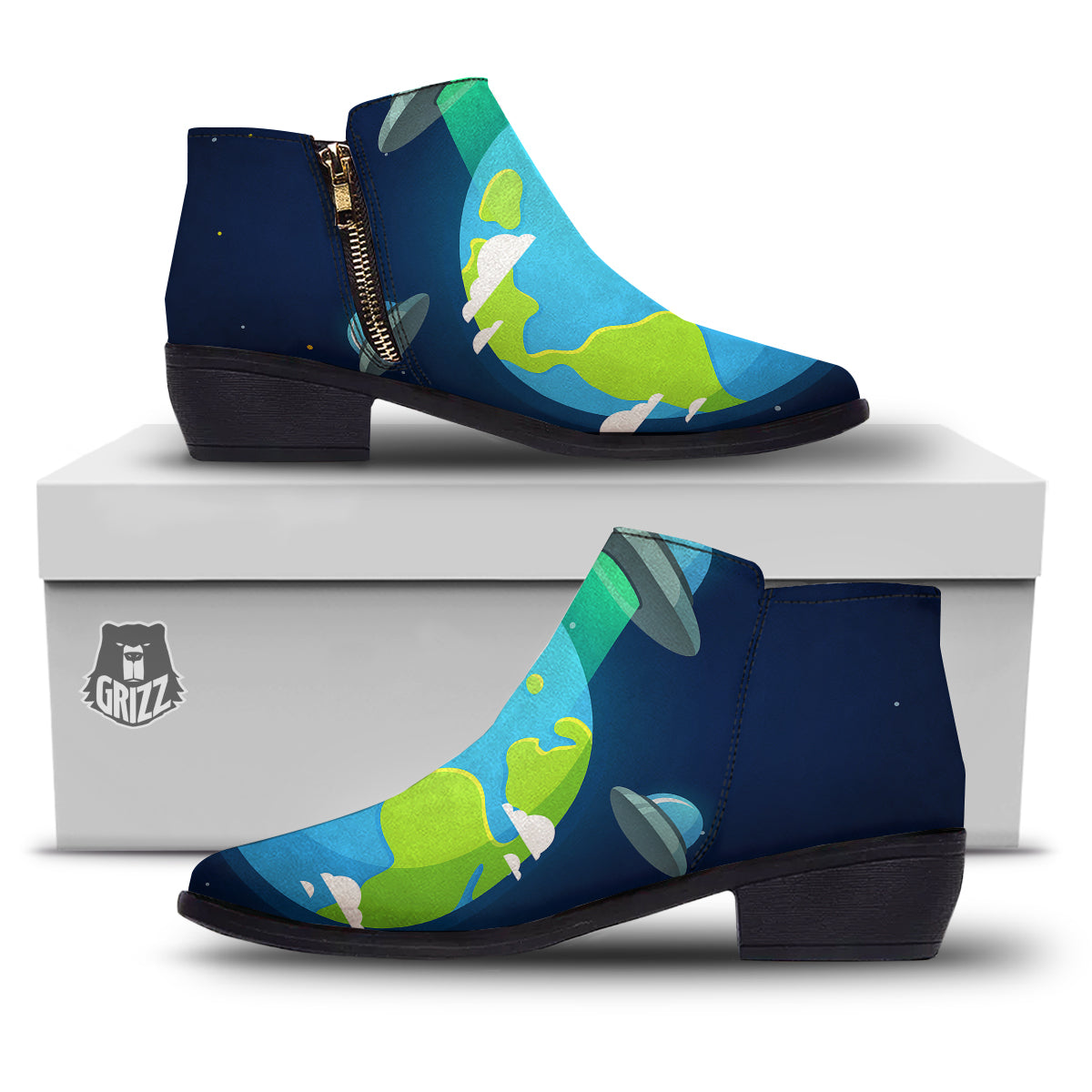 Alien Invasion And Earth Print Ankle Boots-grizzshop