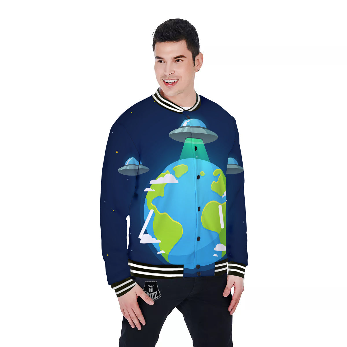 Alien Invasion And Earth Print Baseball Jacket-grizzshop
