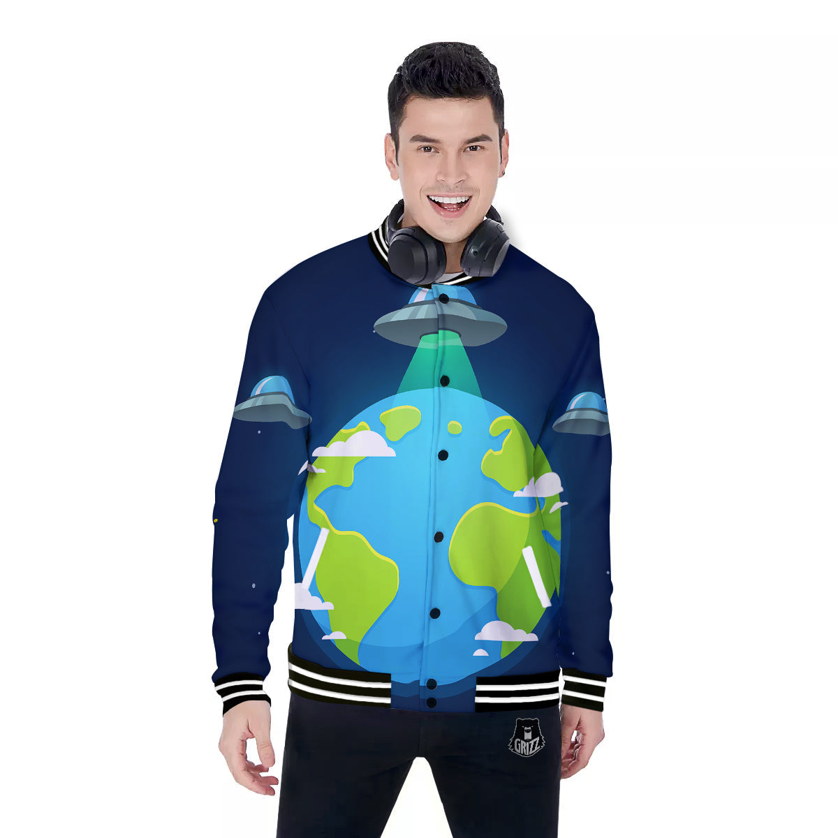 Alien Invasion And Earth Print Baseball Jacket-grizzshop