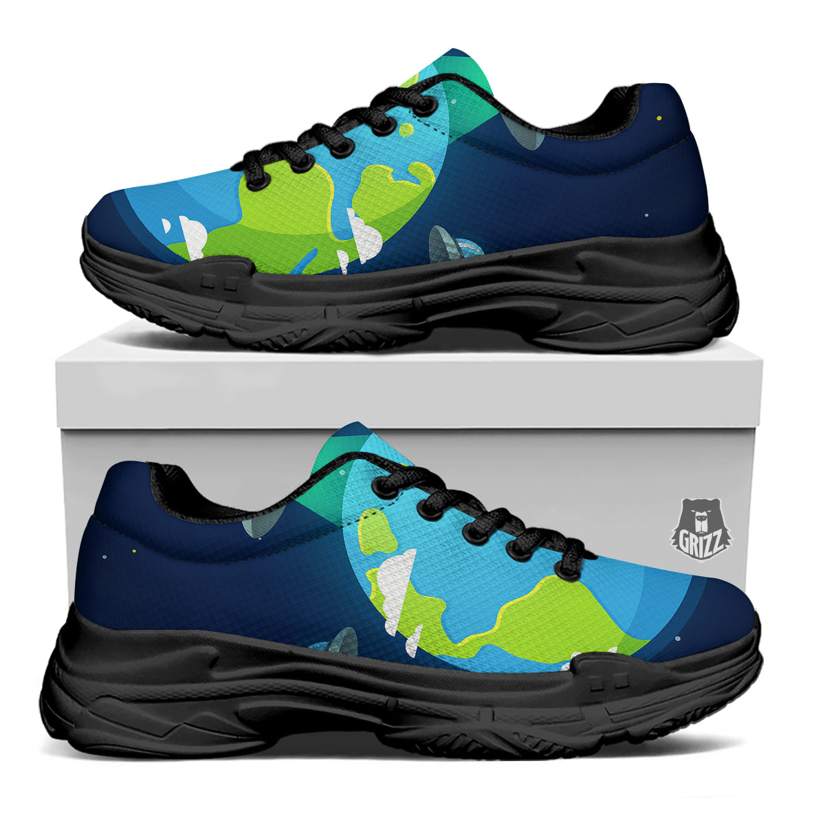 Alien Invasion And Earth Print Black Chunky Shoes-grizzshop