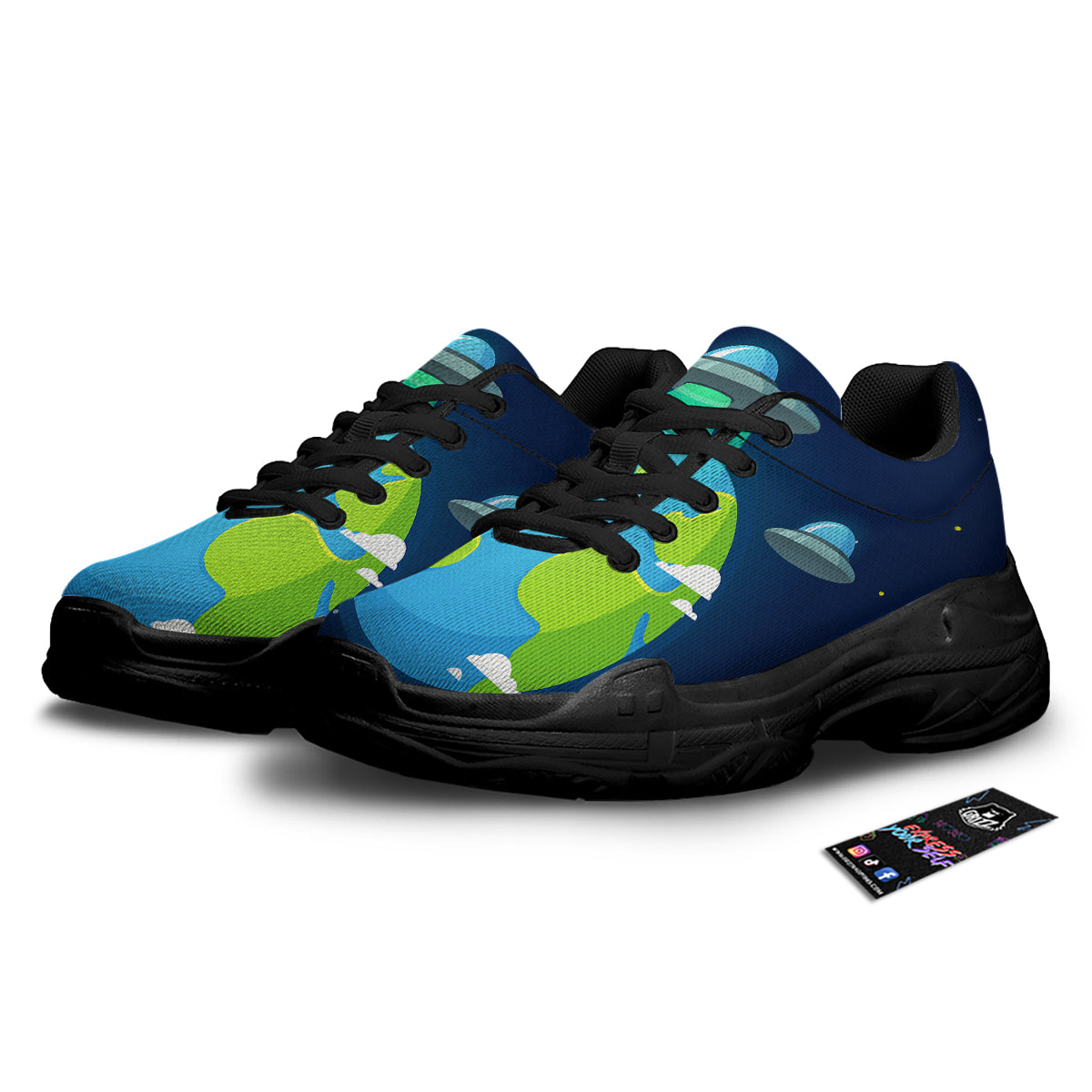 Alien Invasion And Earth Print Black Chunky Shoes-grizzshop